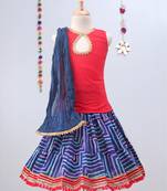 Blue Leheriya Lehenga With Red Tie Back Choli And Blue Dupatta