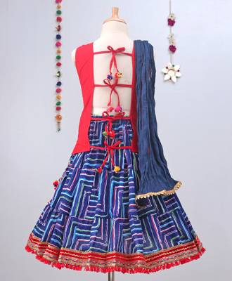 Blue Leheriya Lehenga With Red Tie Back Choli And Blue Dupatta 2