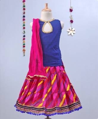 Fuschia Pink Leheriya Lehenga With Blue Tie Back Choli And Pink Dupatta 1