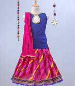 Fuschia Pink Leheriya Lehenga With Blue Tie Back Choli And Pink Dupatta
