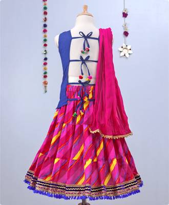 Fuschia Pink Leheriya Lehenga With Blue Tie Back Choli And Pink Dupatta 2