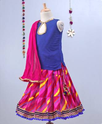 Fuschia Pink Leheriya Lehenga With Blue Tie Back Choli And Pink Dupatta 3