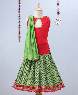Green Leheriya Lehenga With Red Tie Back Choli And Green Dupatta 1