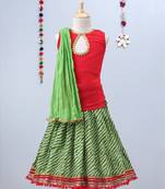 Green Leheriya Lehenga With Red Tie Back Choli And Green Dupatta
