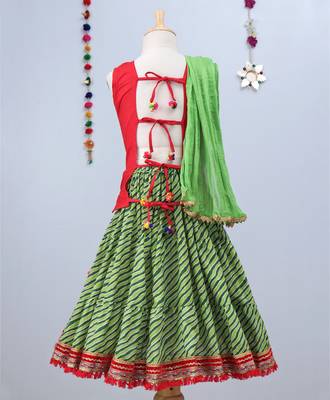 Green Leheriya Lehenga With Red Tie Back Choli And Green Dupatta 2