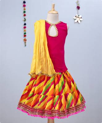 Multicolored Bandhini Lehenga With Pink Tie Back Choli And Yellow Dupatta 1