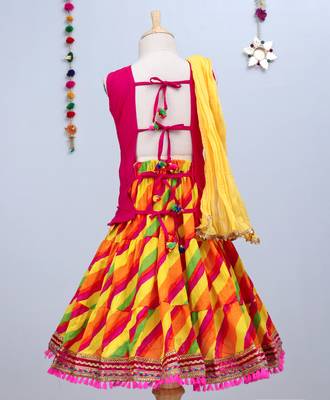 Multicolored Bandhini Lehenga With Pink Tie Back Choli And Yellow Dupatta 2
