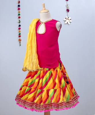 Multicolored Bandhini Lehenga With Pink Tie Back Choli And Yellow Dupatta 3