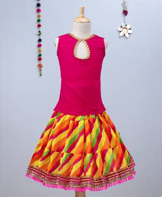 Multicolored Bandhini Lehenga With Pink Tie Back Choli And Yellow Dupatta 4