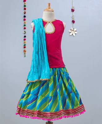 Green  And Blue Bandhini Lehenga With Pink Tie Back Choli And Blue Dupatta 1
