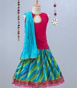 Green  And Blue Bandhini Lehenga With Pink Tie Back Choli And Blue Dupatta