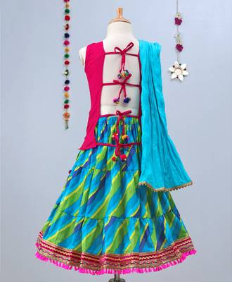 Green  And Blue Bandhini Lehenga With Pink Tie Back Choli And Blue Dupatta 2