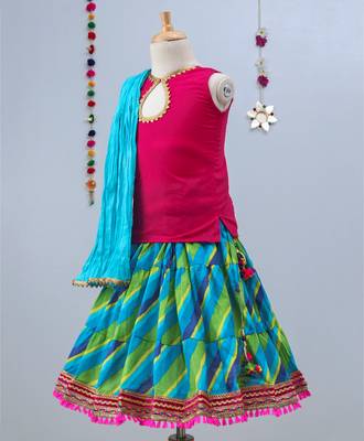 Green  And Blue Bandhini Lehenga With Pink Tie Back Choli And Blue Dupatta 3