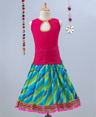 Green  And Blue Bandhini Lehenga With Pink Tie Back Choli And Blue Dupatta 4