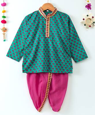 Printed Green Kurta With Contrast Pink Dhoti 1