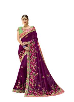 Dark purple embroidered art silk saree with blouse 1