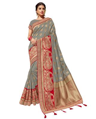 Grey embroidered jacquard saree with blouse 1