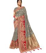 Grey embroidered jacquard saree with blouse
