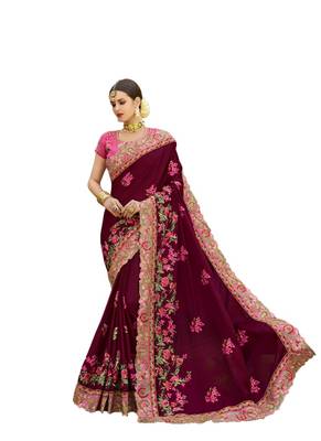 Maroon embroidered art silk saree with blouse 1