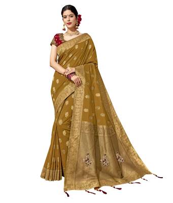 Mustard embroidered jacquard saree with blouse 1