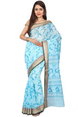Blue printed cotton saree with blouse 1