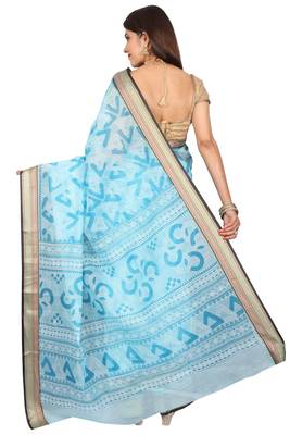 Blue printed cotton saree with blouse 2