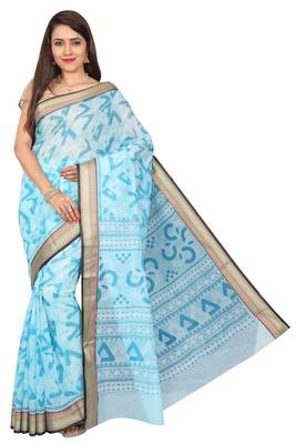 Blue printed cotton saree with blouse 3