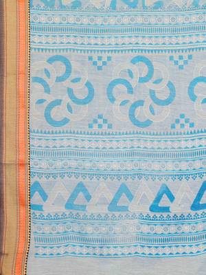 Blue printed cotton saree with blouse 5