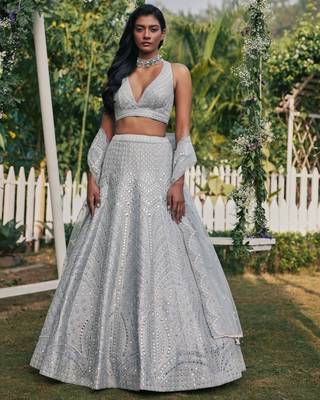 Steel Grey Banglori Silk Zari, Sequins, and thread embroidered with paper mirror work indian designer lehenga dress 1