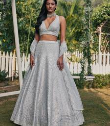 Steel Grey Banglori Silk Zari Sequins and thread embroidered with paper mirror work indian designer lehenga dress