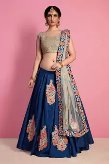 Steel Grey Colored Sequins, Zari, and Thread Zari Embroidered with Paper Mirror Banglori silk Designer Indian Lehenga
