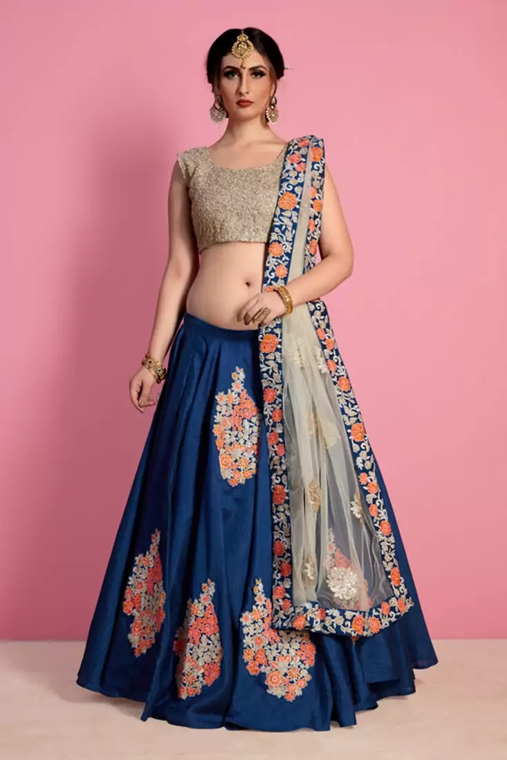 Steel Grey Colored Sequins, Zari, and Thread Zari Embroidered with Paper Mirror Banglori silk Designer Indian Lehenga