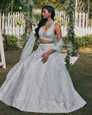 Steel Grey Banglori Silk Zari, Sequins, and thread embroidered with paper mirror work indian designer lehenga dress 2