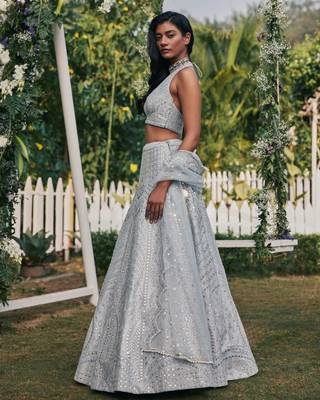 Steel Grey Banglori Silk Zari, Sequins, and thread embroidered with paper mirror work indian designer lehenga dress 3