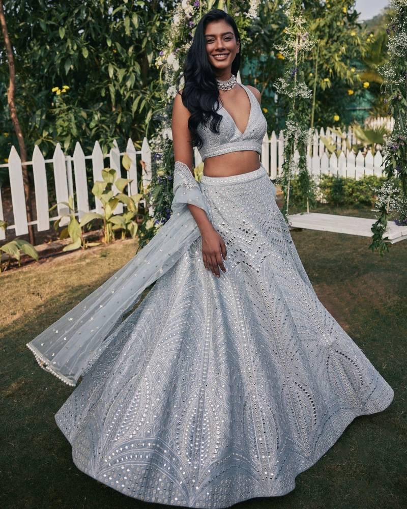 Steel Grey Banglori Silk Zari, Sequins, and thread embroidered with paper mirror work indian designer lehenga dress