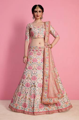 Glamorous Baby Pink Resham, Zari, Sequins, and Dori Embroidered Art Silk Fabric Indian Bollywood Lehenga Dress