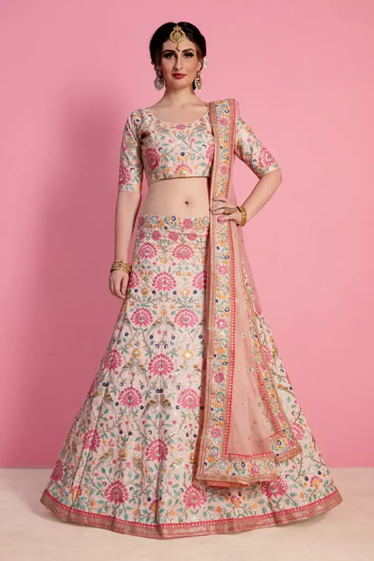 Glamorous Baby Pink Resham, Zari, Sequins, and Dori Embroidered Art Silk Fabric Indian Bollywood Lehenga Dress