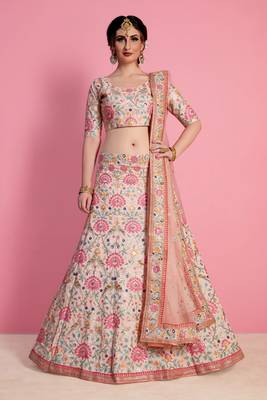 Baby Pink Resham Zari Sequins And Dori Embroidered Art Silk Indian Bollywood Lehenga Dress 2