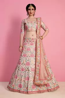 Glamorous Baby Pink Resham, Zari, Sequins, and Dori Embroidered Art Silk Fabric Indian Bollywood Lehenga Dress