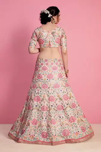 Baby Pink Resham Zari Sequins And Dori Embroidered Art Silk Indian Bollywood Lehenga Dress