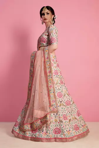 Baby Pink Resham Zari Sequins And Dori Embroidered Art Silk Indian Bollywood Lehenga Dress