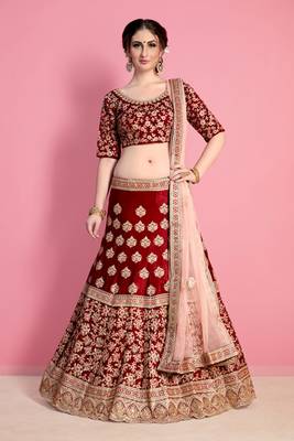 Maroon Resham And Sequins Embroidered Velvet Semi Stitched Lehenga Choli With Dupatta 1