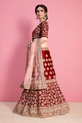 Maroon Resham And Sequins Embroidered Velvet Semi Stitched Lehenga Choli With Dupatta 4