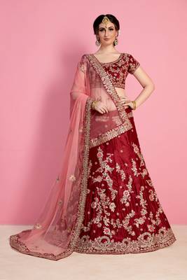 Maroon Embroidered Velvet Silk Semi Stitched Bridal Lehenga 2