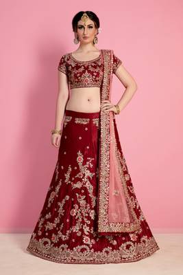 Maroon Embroidered Velvet Silk Semi Stitched Bridal Lehenga 1