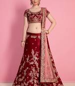 Maroon Embroidered Velvet Silk Semi Stitched Bridal Lehenga