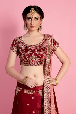 Maroon Embroidered Velvet Silk Semi Stitched Bridal Lehenga 4