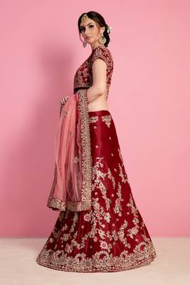 Maroon Embroidered Velvet Silk Semi Stitched Bridal Lehenga 5