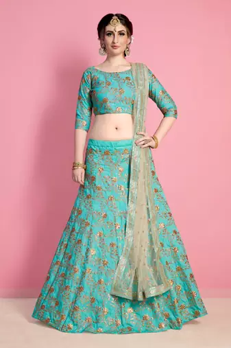Neon Green Sequins Embroidered Art Silk Semi Stitched bridal lehenga