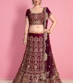 Wine Embroidered Velvet Silk Semi Stitched Lehenga
